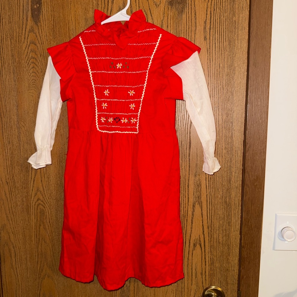 Vintage 60s Girls Red Polly Flinders Hand Smock Dress